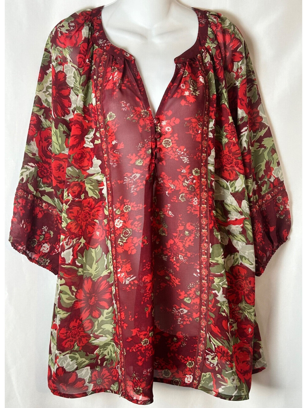 Roaman's Sheer 3/4 Sleeve Red Floral Loose Fit Tunic Size Women's Large NWOT